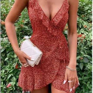 SHEIN PETITE Polka Dot Print Ruffle Trim Wrap Cami Dress